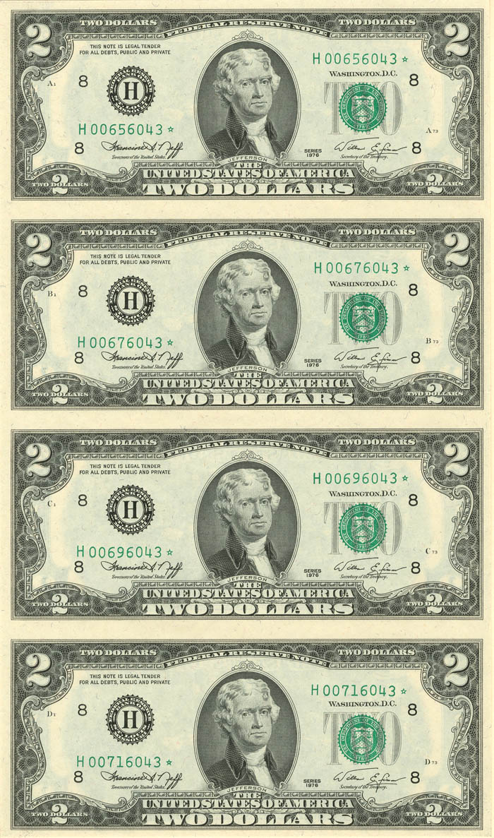 Uncut Sheet of 4 $2 U.S. notes